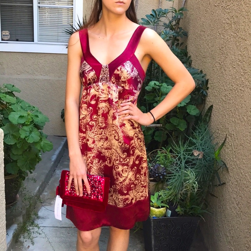 New Y2K BCBGMaxAzria burgundy/cream silk midi dress